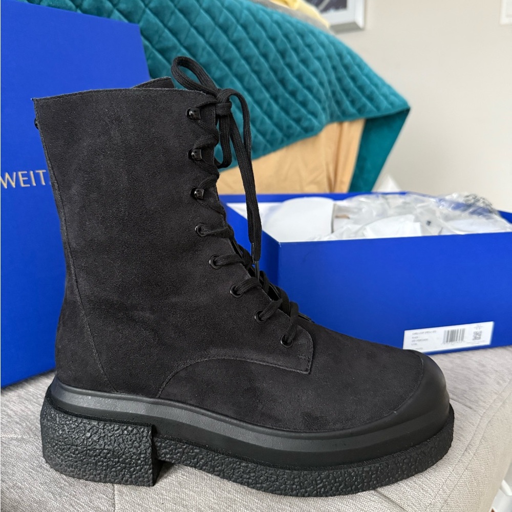 Stuart Weitzman Black Charli Suede Combat Lace-up Sportlift Boots - Picture 10 of 17
